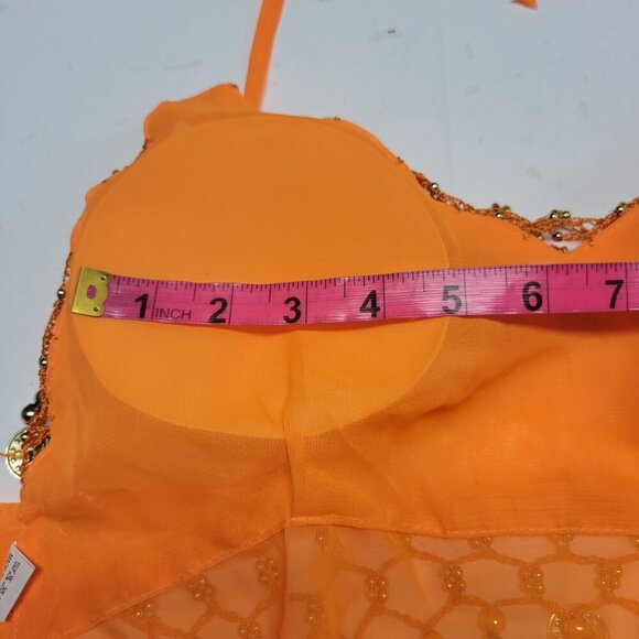 Orange Belly Dance Top with Gold Coins Halter Crop Top - Picture 6 of 10